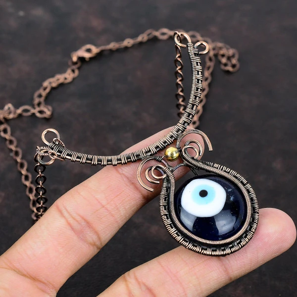 Blue Color Evil Eye Round Blue Handmade Copper Wire Wrapped Necklace