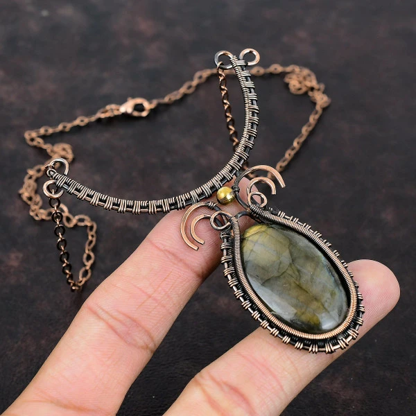 Labradorite Oval Gray Handmade Copper Wire Wrapped Necklace