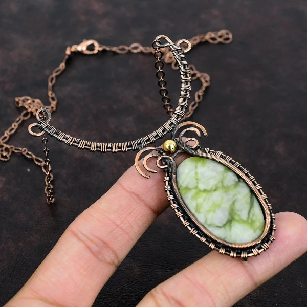 Green Aragonite Oval Green Handmade Copper Wire Wrapped Necklace