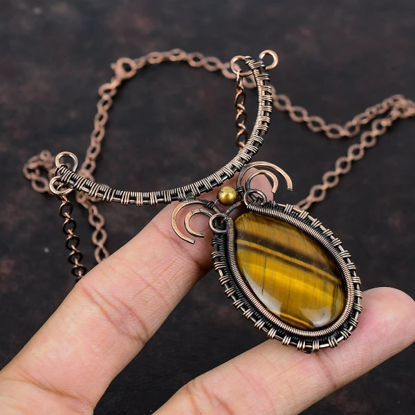 Tiger's Eye Oval Brown Handmade Copper Wire Wrapped Necklace