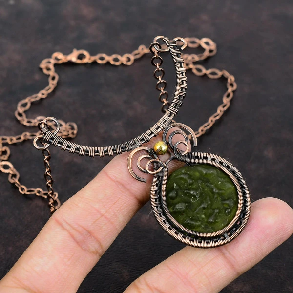 Moldavite Round Green Handmade Copper Wire Wrapped Necklace