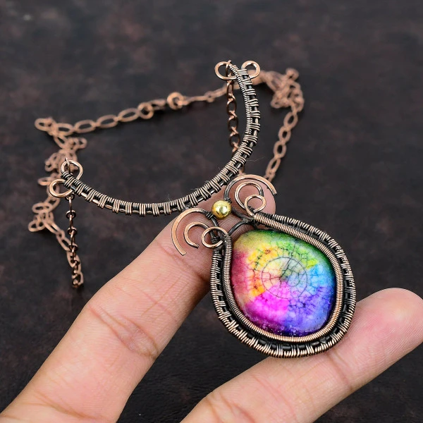 Rainbow Solar Quartz Druzy Round Pink Handmade Copper Wire Wrapped Necklace