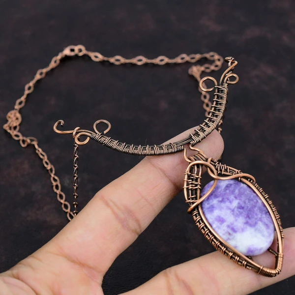 Lepidolite Oval Purple Handmade Copper Wire Wrapped Necklace