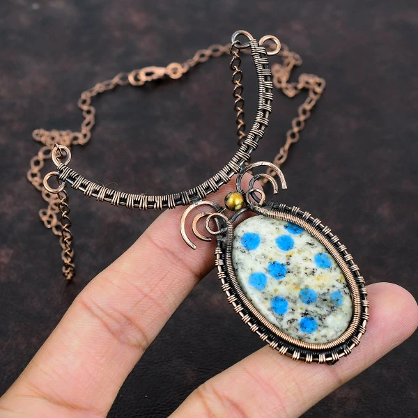 K2 Jasper Oval White Handmade Copper Wire Wrapped Necklace