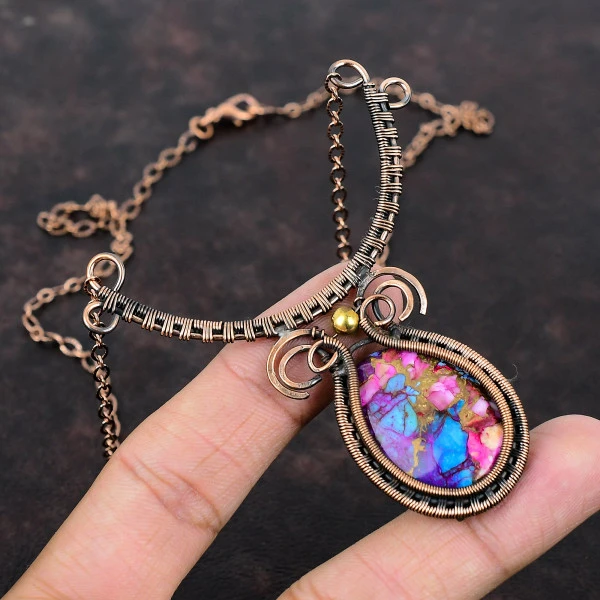 Natural Kingman Pink Dahlia Turquoise Oval Pink Handmade Copper Wire Wrapped Necklace