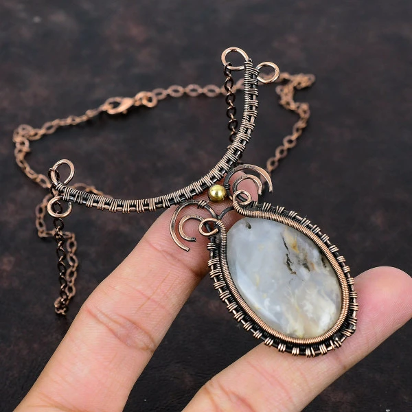 Plume Agate Oval White Handmade Copper Wire Wrapped Necklace