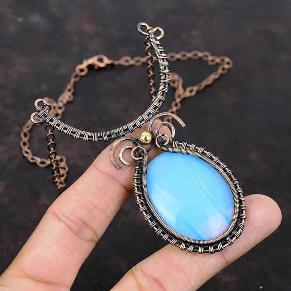 Milky Opal Oval White Handmade Copper Wire Wrapped Necklace