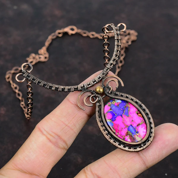 Natural Kingman Pink Dahlia Turquoise Oval Pink Handmade Copper Wire Wrapped Necklace
