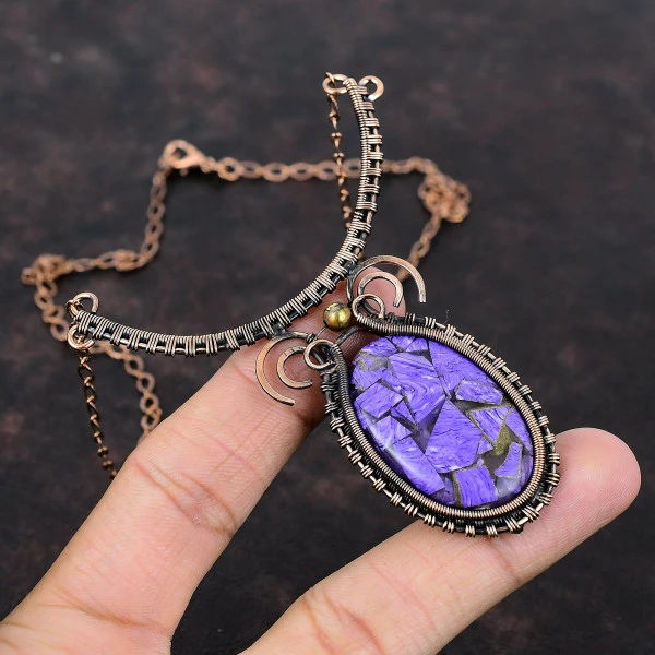 Copper Charoite Oval Purple Handmade Copper Wire Wrapped Necklace