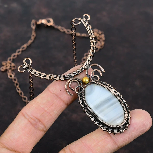 Botswana Agate Oval White Handmade Copper Wire Wrapped Necklace
