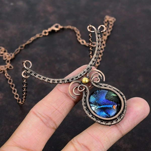 American Dichroic Glass Round Blue Handmade Copper Wire Wrapped Necklace