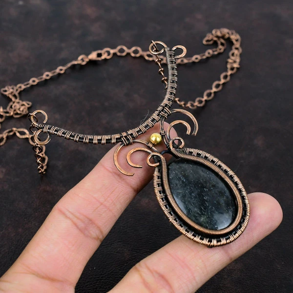 Black Sunstone Oval Black Handmade Copper Wire Wrapped Necklace