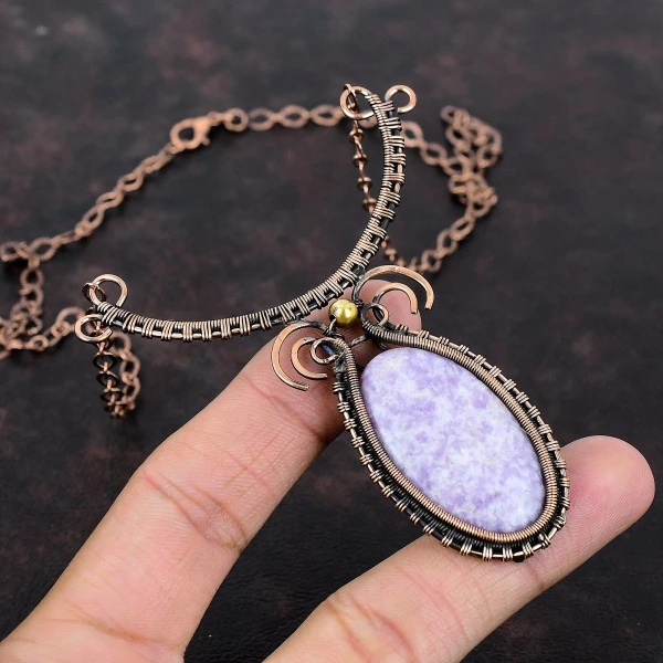 Lepidolite Oval Purple Handmade Copper Wire Wrapped Necklace