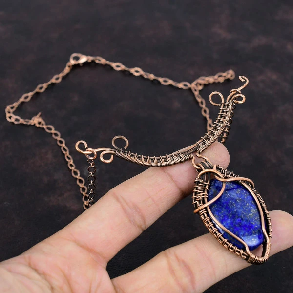 Lapis Lazuli Oval Blue Handmade Copper Wire Wrapped Necklace