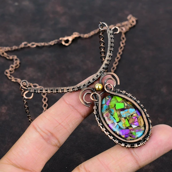 Fiesta Kingman Turquoise Oval Green Handmade Copper Wire Wrapped Necklace