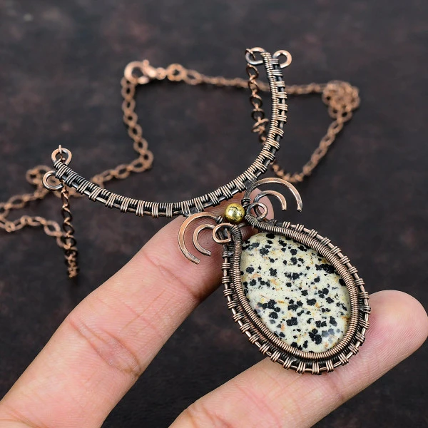 Dalmatian Jasper Oval Black Handmade Copper Wire Wrapped Necklace