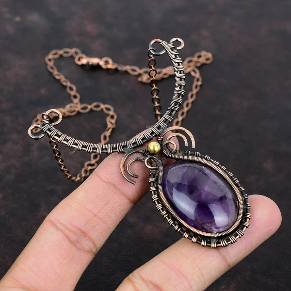 Star Amethyst Oval Purple Handmade Copper Wire Wrapped Necklace