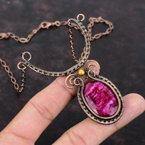 Kashmir Ruby Oval Red Handmade Copper Wire Wrapped Necklace