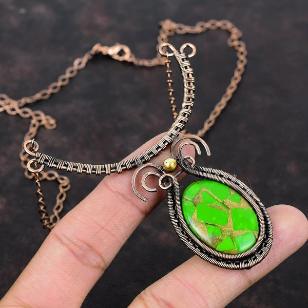 Copper Green Turquoise Oval Green Handmade Copper Wire Wrapped Necklace