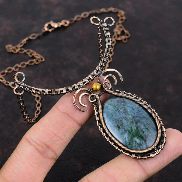 Ruby In Kyanite Oval Blue Handmade Copper Wire Wrapped Necklace