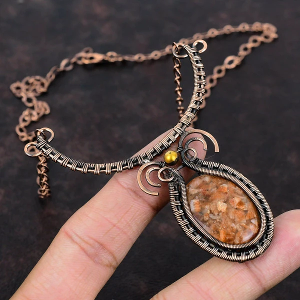 Sunstone Oval Orange Handmade Copper Wire Wrapped Necklace