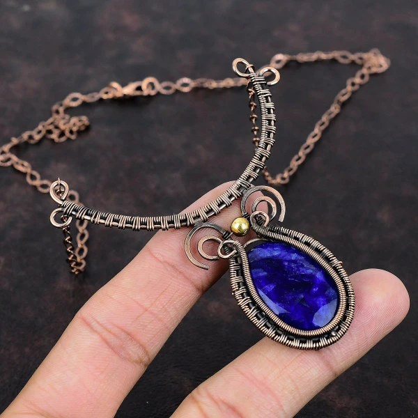 Blue Sapphire Oval Blue Handmade Copper Wire Wrapped Necklace