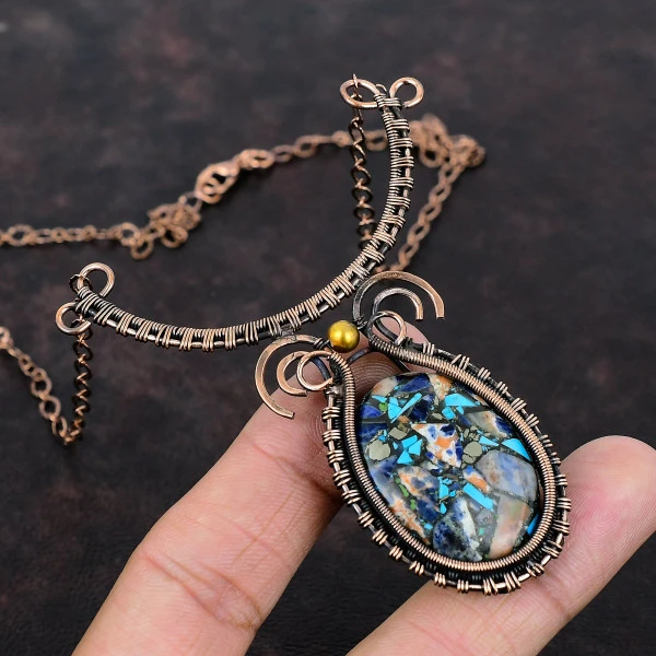 Copper Multi Turquoise Oval Blue Handmade Copper Wire Wrapped Necklace