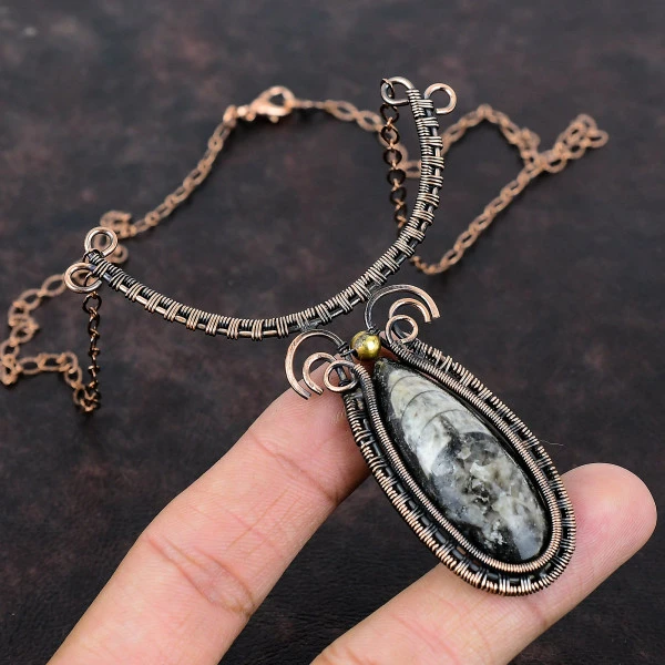 Orthoceras Fossil Pear Black Handmade Copper Wire Wrapped Necklace