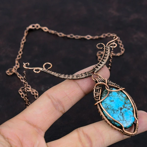 Tibetan Turquoise Oval Blue Handmade Copper Wire Wrapped Necklace