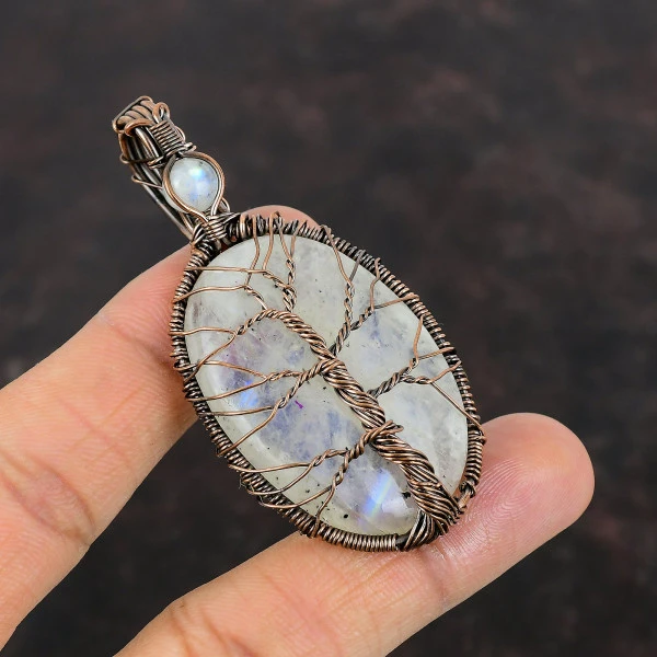 Rainbow Moonstone Copper Wire Wrap Handmade Gemstone Pendant Tree Of Life Jewelry