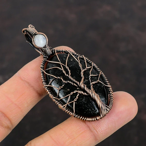 Nuummite Gemstone Pendant Copper Wire Wrapped Jewelry Moonstone Tree Of Life Pendant