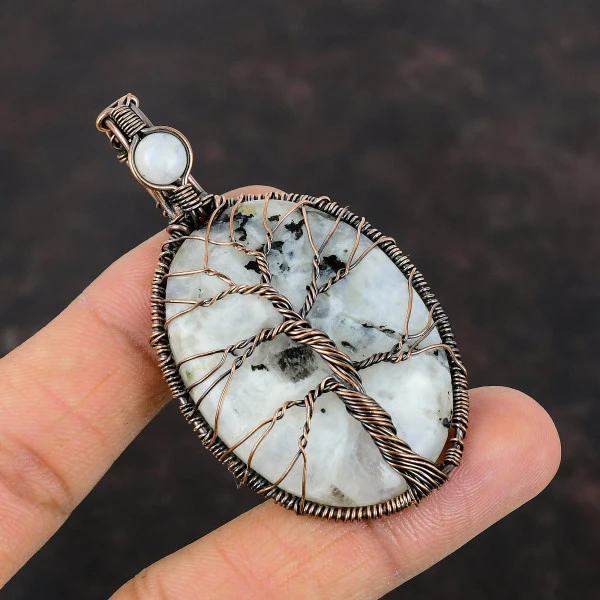 Rainbow Moonstone Copper Wire Wrapped Pendant Handmade Gemstone Tree Of Life Jewelry