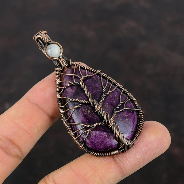 Tree Of Life Purpurite Copper Pendant Rainbow Moonstone Copper Wire Wrapped Jewelry