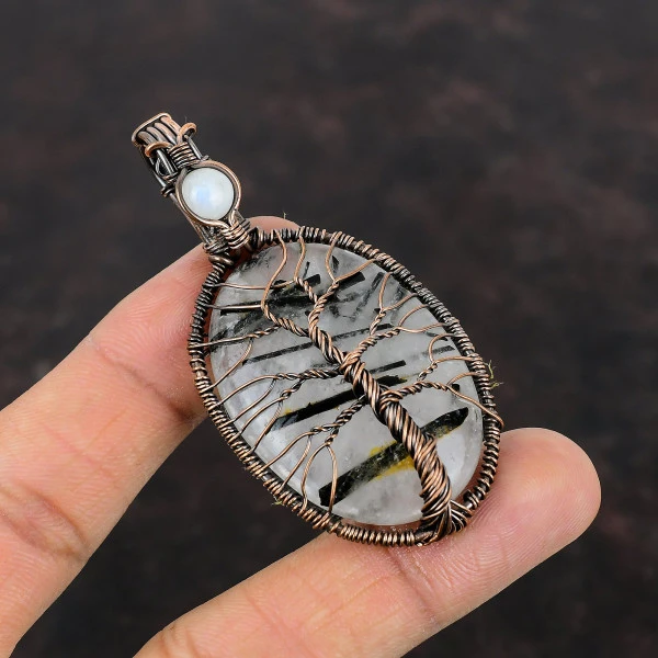 Black Rutile Copper Wire Wrapping Pendant Rainbow Moonstone Gemstone Tree Of Life Pendant