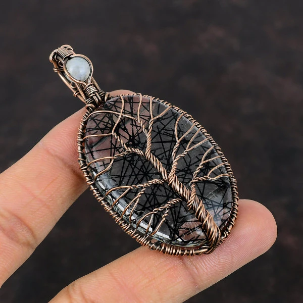 Black Rutile Gemstone Wire Wrapped Pendant Moonstone Copper Jewelry Tree Of Life Pendant