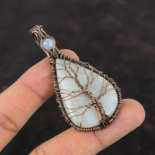 Rainbow Moonstone Wire Wrap Pendant Copper Wire Wrapped Tree Of Life Gemstone Pendant