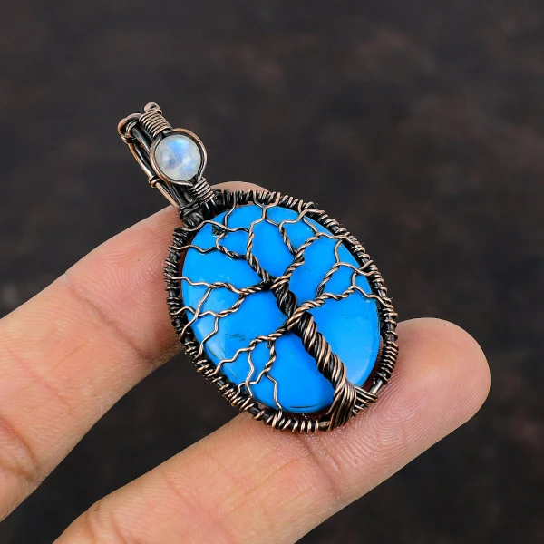 Sleeping Beauty Turquoise Copper Pendant Moonstone Wire Wrap Pendant Tree Of Life Jewelry