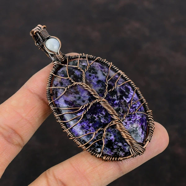 Charoite Copper Pendant Rainbow Moonstone Wire Wrap Pendant Tree Of Life Jewelry
