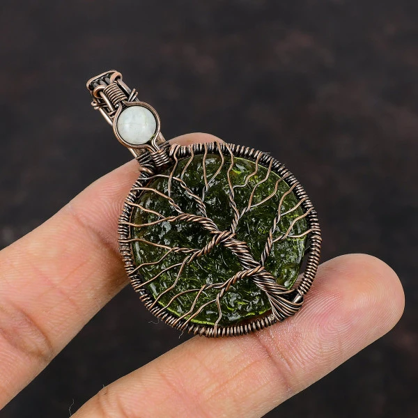 Moldavite Pendant Handmade Gemstone Pendant Moonstone Copper Wire Wrapped Jewelry
