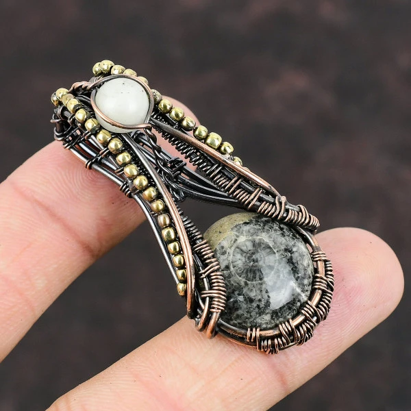 Orthoceras Fossil Round Gray Handmade Copper Wire Wrapped Pendant
