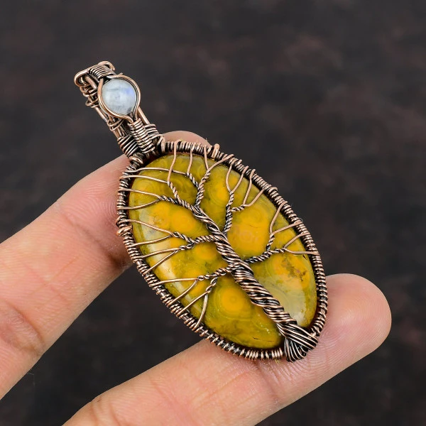 Tree Of Life Ocean Jasper Pendant Rainbow Moonstone Wire Wrapped Pendant Copper Jewelry