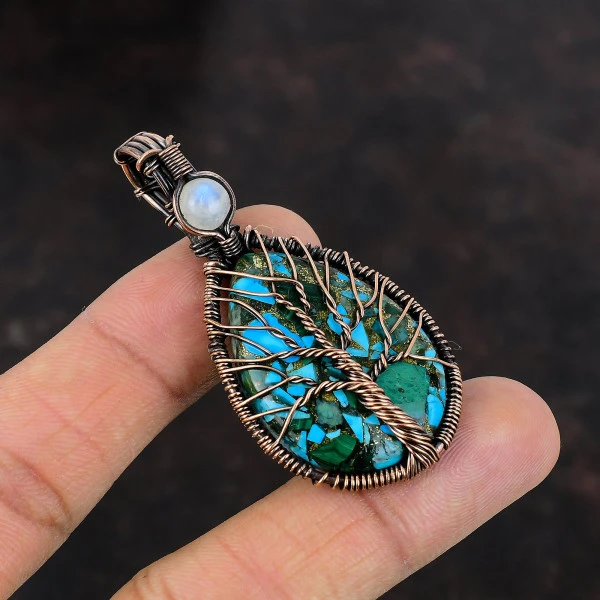 Tree Of Life Copper Malachite Turquoise Gemstone Pendant Wire Wrap Moonstone Pendant