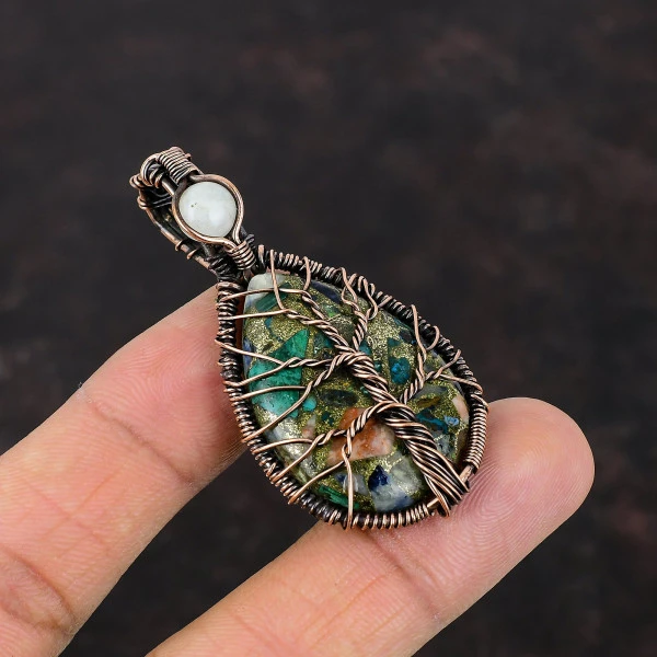 Copper Multi Turquoise Wire Wrapped Pendant Tree Of Life Rainbow Moonstone Pendant