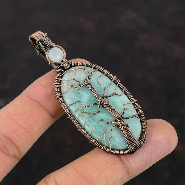 Tree Of Life Amazonite Gemstone Pendant Rainbow Moonstone Copper Wire Wrapped Pendant 