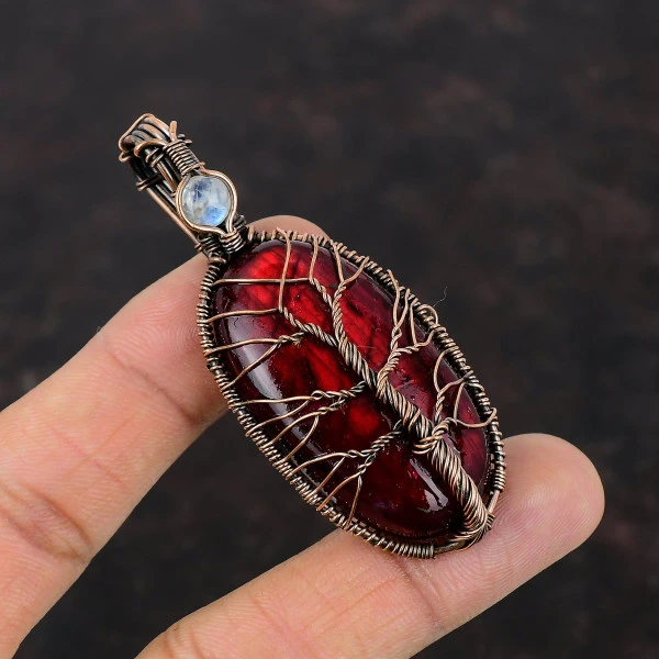Tree Of Life Red Fire Labradorite Pendant Rainbow Moonstone Copper Wire Wrapped Jewelry