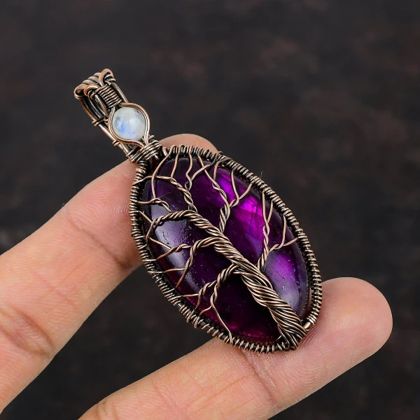 Tree Of Life Purple Fire Labadorite Gemstone Pendant Moonstone Wire Wrapped Pendant
