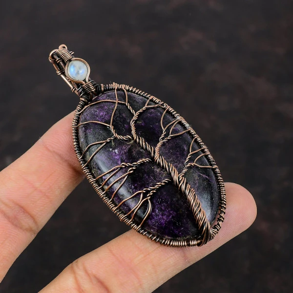 Purpurite Gemstone Copper Pendant Moonstone Wire Wrapped Pendant Tree Of Life Jewelry 