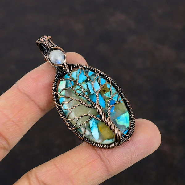 Copper Blue Turquoise Wire Wrapped Pendant Rainbow Moonstone Copper Tree Of Life Jewelry