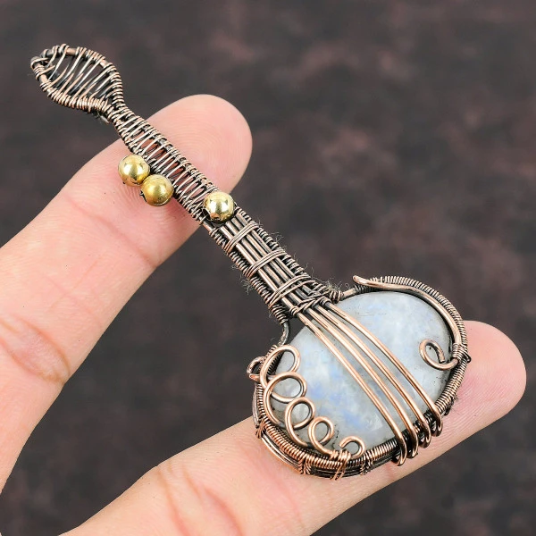 Rainbow Moonstone Oval White Handmade Copper Wire Wrapped Pendant