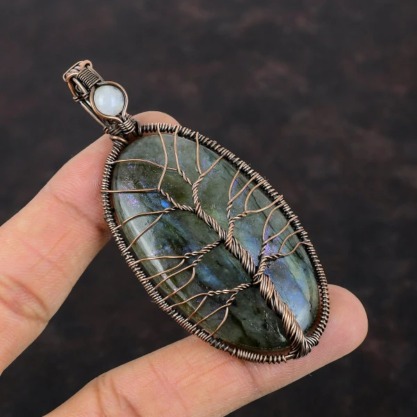 Tree of Life Mystic Fire Labradorite Gemstone Copper Pendant Moonstone Wire Wrap Jewelry